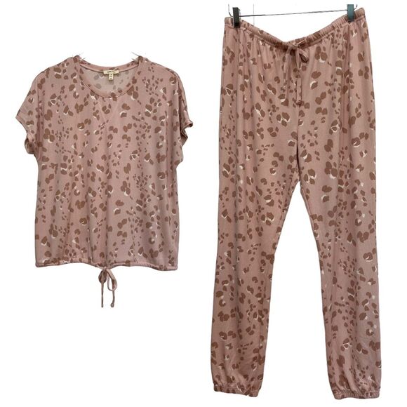 Como Blu Blush Pink Animal Print Top & Pant Lounge Pajama Set Women's Size L - Picture 2 of 13